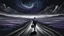 Placeholder: A solitary androgynous figure seen from behind, carrying an oversized heavy dark backpack, walking alone along a long winding road floating on a vast dark sky. Surreal abstract dreamscape, the road curving into endless darkness, abyss, mist, uncertainty and emotional weight, alone caracter, black gray, Dark blue, charcoal and muted purple tones, deep sky, digital art, etheral, atmospheric