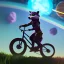 Placeholder: A raccoon astronaut riding a rainbow bike on a mission to gather space trash, jumping over asteroids as he goes.