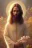 Placeholder: Jesus portrait , detailed hands, at dawn by atey ghailan, golden light , white robe, holding leaves and flowers , angels background, volumetric light, high detail, red leaf tree, mountains in background, perfect