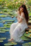 Placeholder: a beautiful woman with long brown hair in a romantic floral dress sits contemplatively on a pier, her feet in the water, white water lilies floating on the water extremely detailed intricate very attractive beautiful crisp quality Michelangelo Daniel Gerhartz in sunshine