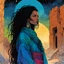 Placeholder: create an imaginative illustration of a Tuareg female, in traditional dress, with finely detailed facial features, short dreadlock hair, in the ruins of Djemila under the midnight sky, in the comic book art style of Bill Sienkiewicz, Mike Mignola, and Jean Giraud Moebius, finely textured, drawn, colored, and inked