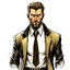Placeholder: create an male character based on john constantine, fatter, older, dark brown short hair and long bear, flat background, black suit and tie,larger jaw, realistic