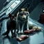 Placeholder: digital art front in picture an of little dark brown catlike creature with big ears, big eyes four legs stands medium close with an anthropomorphic wolf couple sitting just in hairy body on the spaceship's ramp close together, the pale gray body hair female wolf sits behind strong the full dark gray body hair man wolf, raini day, on ramp a little piece of meat lies down, high contrast, high detalied, high realistic, in background detail of an angular spaceship visible. Rain, atmospheric, 3d