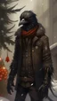 Placeholder: An illustration by Monet and Miyazaki of a human-like crow with a punk leather jacket within a Christmas atmosphere.