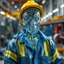 Placeholder: an very sad transparent glas man with blue and yellow working clothes, in a factory, nobody cares about the empty glas man, that is why he is so sad :( , he had worked 30 years in the factory and never had a salary increase, tears in his eyes, the working man is transparent, everyone see through him, he is nearly invisible