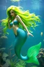 Placeholder: real photo of a mermaid with green hair and blue scales, big bubs, and fangs, good body, inside a big fish tank