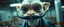 Placeholder: airbrush and pen outline, french art mustache , extreme close up on cheeky fluffy weasel goblin alien military prison guard news anchor elf family scumbag in the style of Escher and Giger and Fallout 4, pinhole cam, airbrush 3d rendering, on tv screen:A five-second cinematic single take in a clean industrial presentation hall.