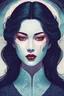 Placeholder: create an imaginative print illustration of an ethereal, otherworldly seductive ancient female Lasombra vampire , in the style of Hasui Kawase and Shiro Kasamatsu with highly detailed feminine facial features