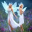 Placeholder: Fantasy fairy with transparent wings, smiling, make up, long platinum blond hair with crown and flowers, blue dress, flowering background