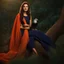 Placeholder: Hyper Realistic photographic-view of a Beautiful-Young-Happy-Pashto-Woman-smiling-with-a-bird-on-his-hand with navy-blue-dress-&-orange-shawl & breeze-whirling in a jungle-with-tall-trees & cloudy-sunset-&-sun-rays showing dramatic & cinematic ambiance