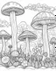 Placeholder: coloring page of mushroom world landscape, use clean lines and leave plenty of white space for coloring, simple line art, clean and minimalistic line