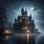 Placeholder: Hyper realistic huge haunted castle in a heavy foggy night with fireflies between an ocean