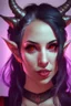 Placeholder: A portrait of a beautiful young female tiefling bard with deep red skin, fiery glowing eyes. A pair of symmetrical horns are protruding from her forehead. She has long black hair tied up in a ponytail and sidebangs.