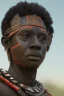 Placeholder: african head portrait, warrior costume, aztec mask, eerie, tribal village background, meditation, sharp focus, woods, galaxy sky, 8k quality