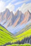 Placeholder: colored pencil drawing, realistic, pencil, mountains