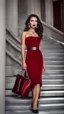 Placeholder: A beautiful woman in red velvet casual dress and in silver jevellry, dark hair , dark red color lipstick, with silver theater bag, stands on the stairs, ultra detail, flirty, perfect focus, random background, hyper detailed, sharp focus, studio photo, intricate details, professional photo