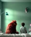 Placeholder: Realistic bedroom scene. big furry monster sitting next to girl from behind. Wes Anderson style. Red hair, smile, happy, gradient color fog. highly detailed, concept art, unreal engine 5, ray tracing, RTX, lumen lighting, ultra detail, volumetric lighting, 3d, finely drawn, high definition, high resolution.