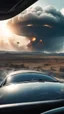 Placeholder: The image shows a photograph with a science fiction theme. Reflected in a side-view mirror, we see a car with passengers, driving on a desolate road. In the background, a large UFO hovers in the sky while multiple explosions erupt in the distance, sending up clouds of smoke and fire. The mirror's border frames this chaotic scene, juxtaposing a calm, seemingly oblivious drive with the dramatic events unfolding behind.