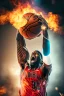 Placeholder: 8k, highly realistic and detailed image of a NBA basketball player in action dunking the ball in the net, sweaty hair, screaming look,action and smoke and flames background