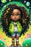 Placeholder: Create an colorful psychedelic comic book illustration of a chibi cartoon black female thick curvy wearing a cut of green, yellow and white hoodie and white jeans and timberland boots. Prominent make up with long lashes and hazel eyes. Highly detailed shiny sister locs. Background of a large bubbles all around her