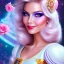 Placeholder: jolie femme galactique cosmonaute sourire avec longs cheveux bleu clair joli visage souriant et beau corps bien formé entier , beaux yeux bleus rieurs - grandes ailes roses , ciel bleu fleurs blanches et roses. robe en soie, jolies dents rieuses , jolis yeux rieurs , picture precise and hight quality 8k, 10k ambiance rose pÂle, combinaison de cosmonaute, bijoux