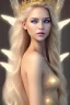 Placeholder: smiling, beautiful, soft,smiling, straight and long blonde hair, dewy and shiny atmosphere, diamond crown, long fairy wings in the back, full head, curly hair, golden veil clothes