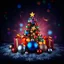 Placeholder: Create multicoloured Christmas tree gifts and balls and dark multicoloured snowflake background