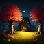 Placeholder: fairytale mood, autumn, dark night, a forest clearing with a lovely cottage, heart shaped tree