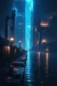 Placeholder: night, cyberpunk, city background, rain, naval dock at the left