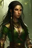 Placeholder: female Kalashtar dungeons and dragon race, ranger, long layered dark hair with a couple small braids, greenish grey eyes, dark tanned skin, small dainty gold jewelry, sexy and strong looking, royal adventurer, abs, cropped forrest-like clothing