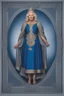 Placeholder: Powerful classical portrait of a traditional blonde queen in her late 50s wearing a blue dress standing in a powerful position a little zoomed out