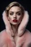 Placeholder: Minimalistic portrait of a beautiful woman with red lips and cold big eyes wearing earrings, a light pink fur coat in a haute couture style isolated on a dark background, cinematic lighting, ultra-realistic, shot in the style of hasselblad