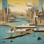 Placeholder: Surreal Algerian dock where Mersault shoots le Stranger, Style by Desmond Morris and Salvador Dali and Colin McCahon, color ink illustration, detailed line work, abstract surrealism, malignantly useless, surreal masterpiece negative space, sharp focus, smooth