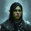 Placeholder: A digital illustration shoot from a portrait camera angle about a portrait of a young orc woman with dull green skin. In the middle of the image, a 20 years old orcish woman, appears to be looking at the viewer lost in thought. she has long black hair and is wearing armour. Fantasy, ice, magic, vampire