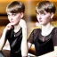 Placeholder: Russian boyish boylike female figure short man's haircut boyish face boyish features in black girlish lacy cocktail dress earrings in restaurant