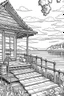 Placeholder: drawing with pen outline art for adults coloring book a highly detailed pencil drawing depicting a serene lakeside scene. In the foreground, we see the corner of a wooden cabin's porch with a rustic railing, beyond which is a calm body of water, perhaps a lake. The porch is adorned with a few simple items like buckets, suggesting a scene of rural or wilderness living.Surrounding the lake are dense, lush forests, and the background is dominated by majestic mountain ranges with visible ridges and