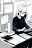 Placeholder: girl with glasses works on a laptop sitting in a cafe, line arts, greyscale