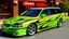 Placeholder: suped up 2004 chevy impala stationwagon green with black flames outlined with a thin red pinstripe, in front of Sam's club, SuperSport car, impressive, VIP, award winning, detailed