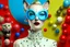 Placeholder: ront portrait photography, transparent porcelain printed with multicolor pop polka dots, pop courreges air hostess cat woman mask with sunglasses, an attractive, 80 degree view, art by sergio lopez, natalie shau, james jean and salvador dali