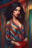 Placeholder: A full body Portrait of a beautiful young woman, slanted, dark eyes with large eyelashes, voluminous wavy black hair, red lipstick, thin strap blouse, colorful, perfect face, shine, realistic, best image quality, oil paint, Light clothes, vivid colors, Thin strap blouse, Art By Jon Bauer,, By cgsociety,standing