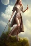 Placeholder: dressed woman on the ladder above clouds