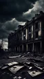 Placeholder: Dark destroyed abandoned buildings, gloomy depressing atmosphere, black clouds, horror, decay