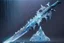 Placeholder: A fantasy greatsword that is a slender, translucent blade made of ice. Its hilt is crafted from swirling vines, leading to a vibrant crystal at the pommel. With a black background behind it. HD