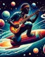 Placeholder: Rock and Roll Guitar Player playing a six string les paul guitar and Surfing on a Rocket in outer space with colorful planets around him in the style of Laurel Burch.