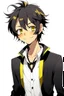 Placeholder: A mature anime man with messy black hair and large, black cat ears. Yellow eyes. Smirking. Full body