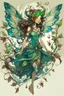 Placeholder: Forest fairy with iridesand teal wings and a cute short leaf dress and pointed ears and multiple vine earings and ear cuffs flying through a mythical forestand brown wavy hair trailing her