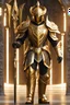 Placeholder: Fullbody photography facing front powerful biomechanical Guardian ranger mask of the forest of the Eladrin wearing armor ornaments in an enchanted golden high, high details