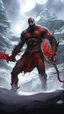 Placeholder: A close picture of Venom symbiote with kratos red tattoos and Clothes, holding blade of choice