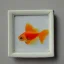 Placeholder: tiny oil painting of tiny goldfish, plain white background, solid white background, tiny white canvas, tiny white frame, plain white wall, melancholy, tender, moody, vintage, delicate arrangement, beautiful composition, etsy, aesthetic layout, plain solid white background