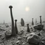 Placeholder: A striking quality close-up Ilford photograph captures a surreal wasteland with odd stones, odd spindle-shaped objects, spooky, creepy, details of the dust very accentuated, glossy, organic, adorned with minerals and rocks, fog. Bathed in feeble light, eerie, Yves Tanguy style, black sun, fog, volumetric light, octane render